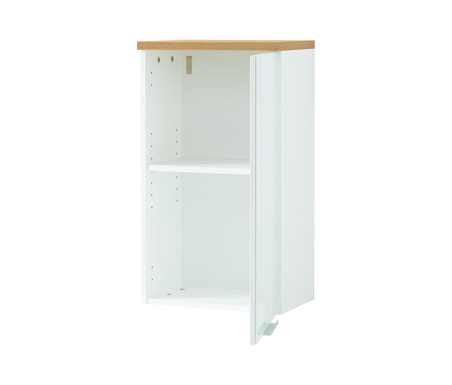 Geöffneter, weißer Hängeschrank »Pescara« mit hölzerner Oberseite.