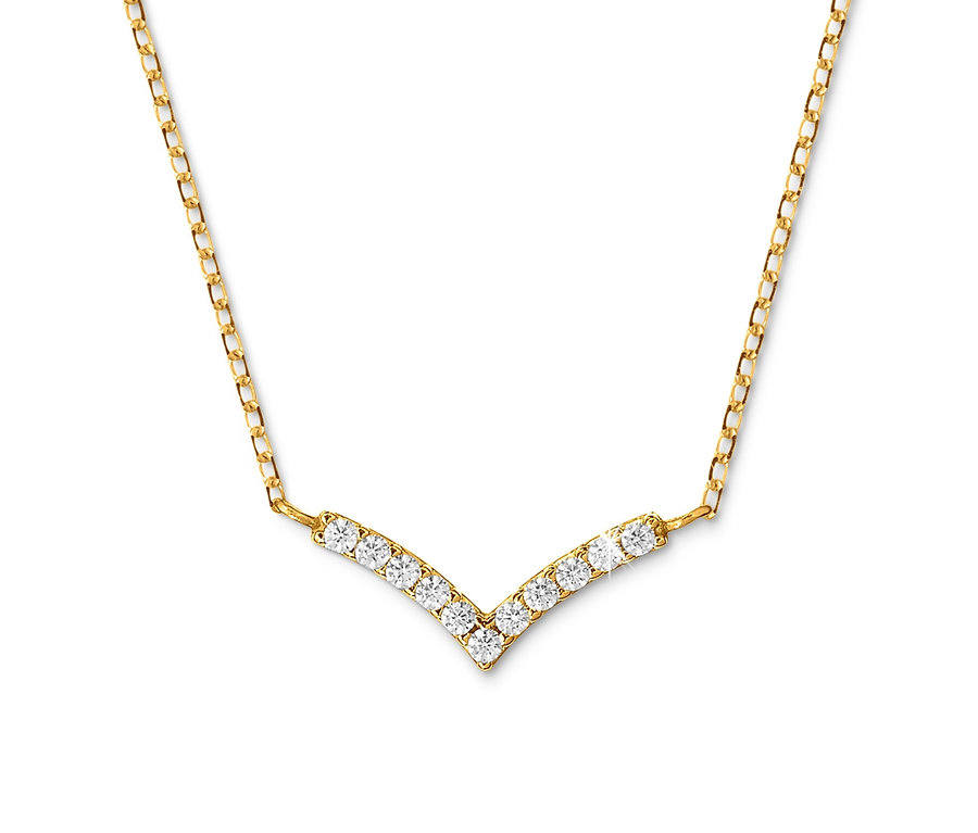 Detail einer Gold-Kette mit V-Anhänger aus Zirkonia.