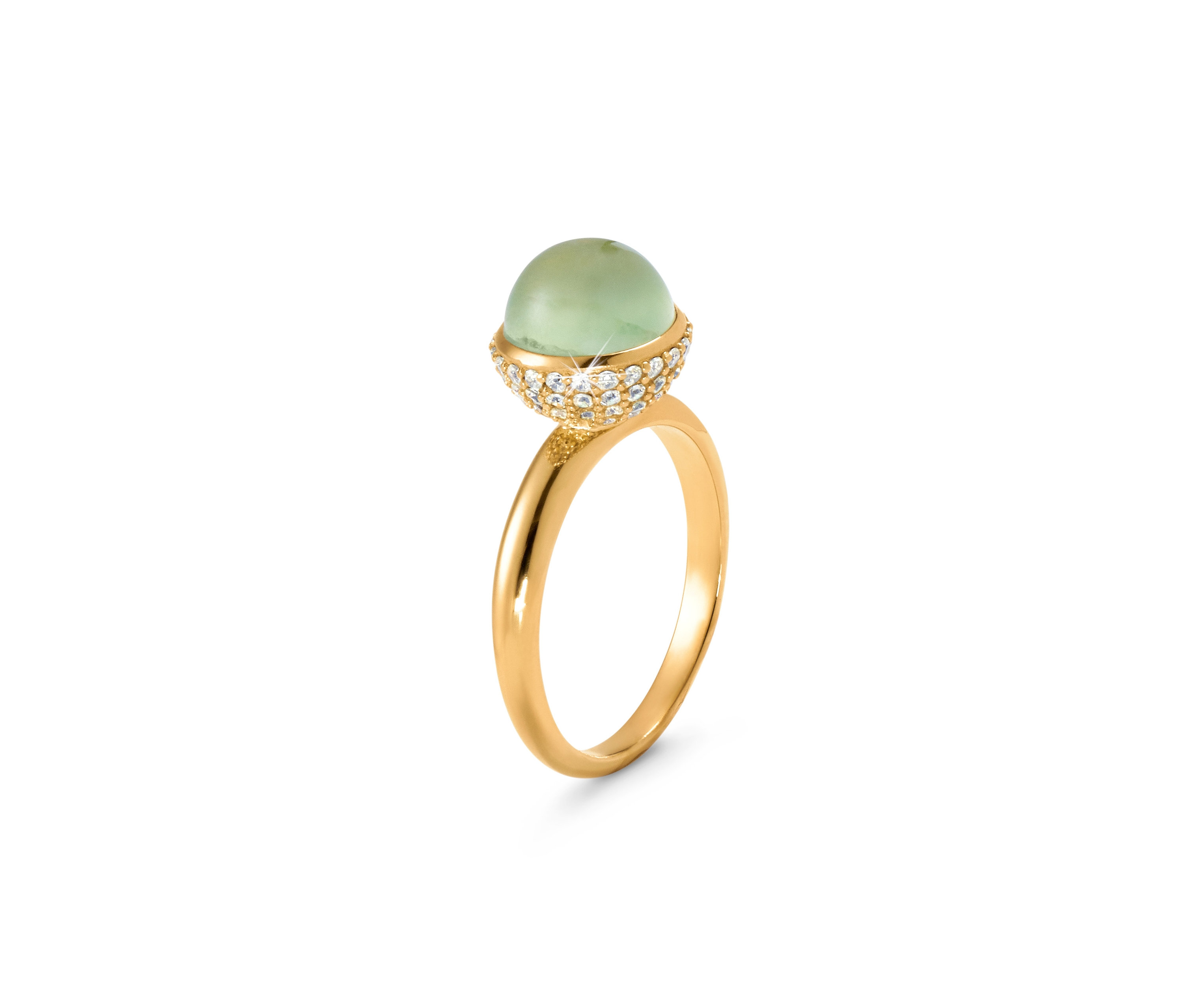Detailansicht eines goldenen Rings, 925 Silber vergoldet mit Prehnit und Zirkonia »Premium Collection«.