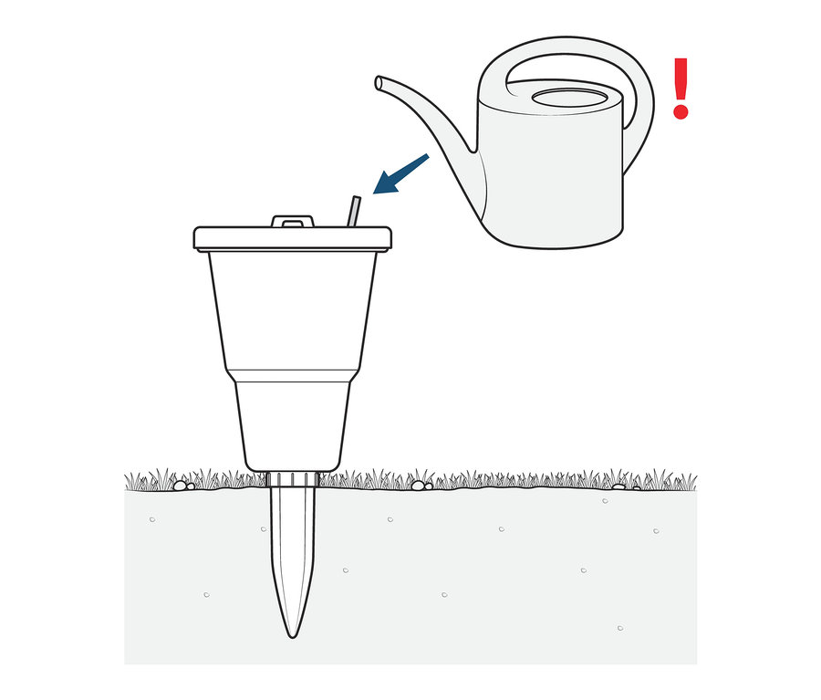 Illustration eines Aqua-Pot, 2er-Sets, das in die Erde gesteckt und mit einer Gießkanne bewässert wird.