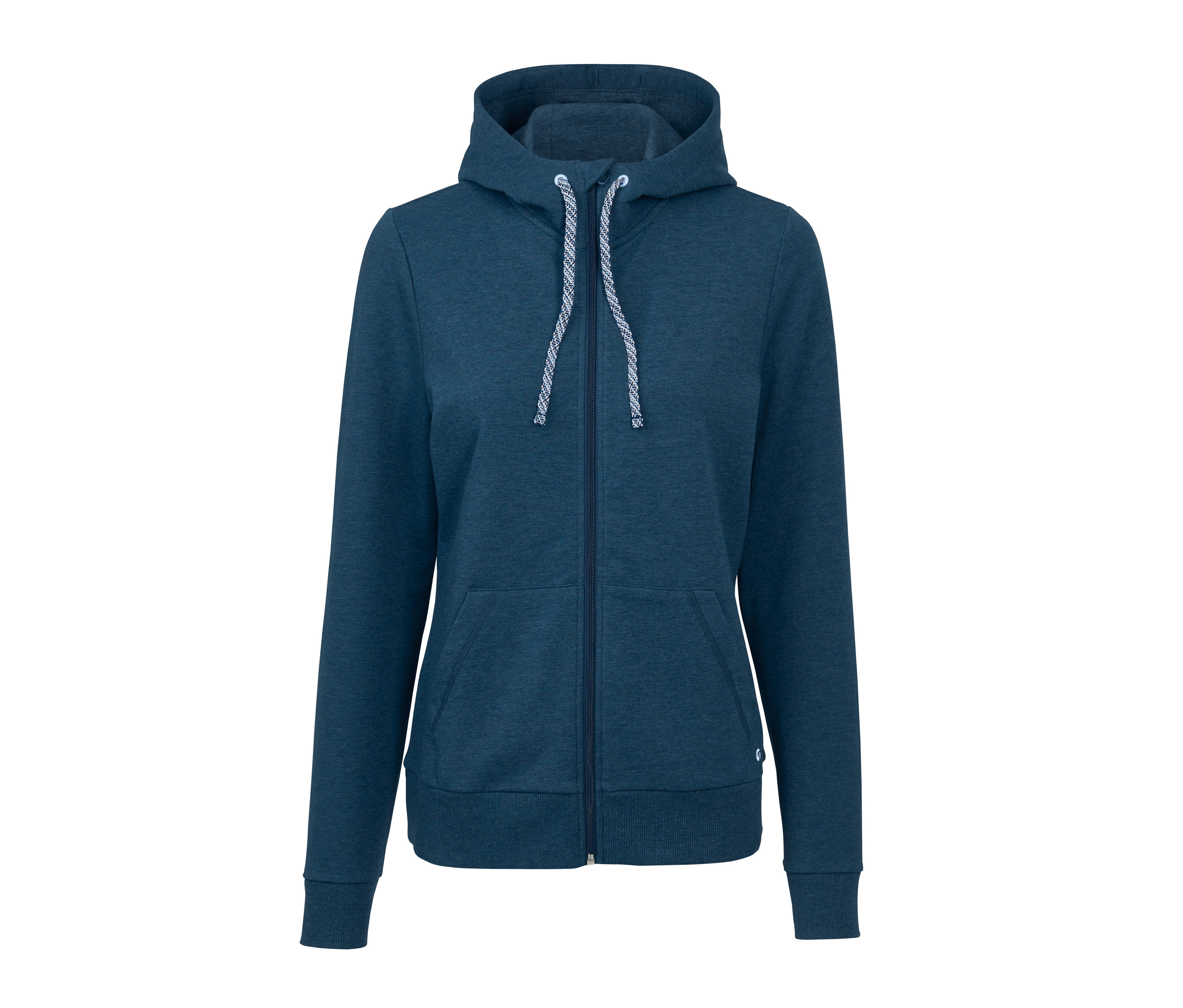 Blaue melierte Sweatjacke mit Kapuze und Reißverschluss vorne.