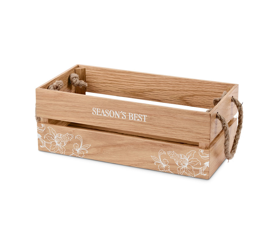 Dekorative Holzkiste mit der Aufschrift "SEASON'S BEST" und weißen Blumenmustern.