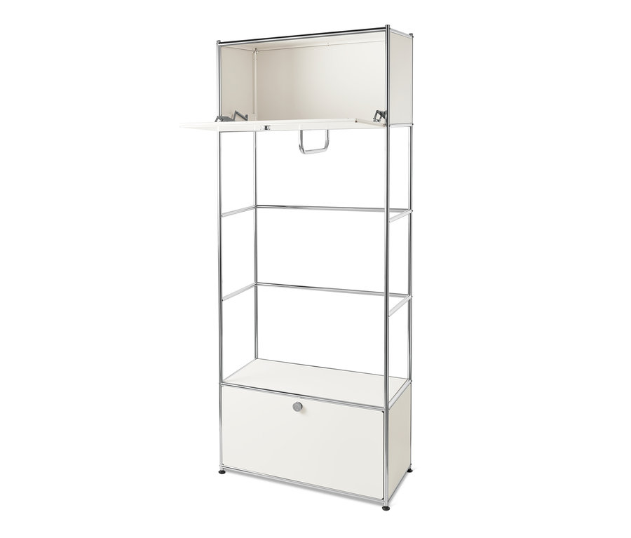 Weiße Metallgarderobe »CN3« mit offenem Hängeschrank und Schublade unten.