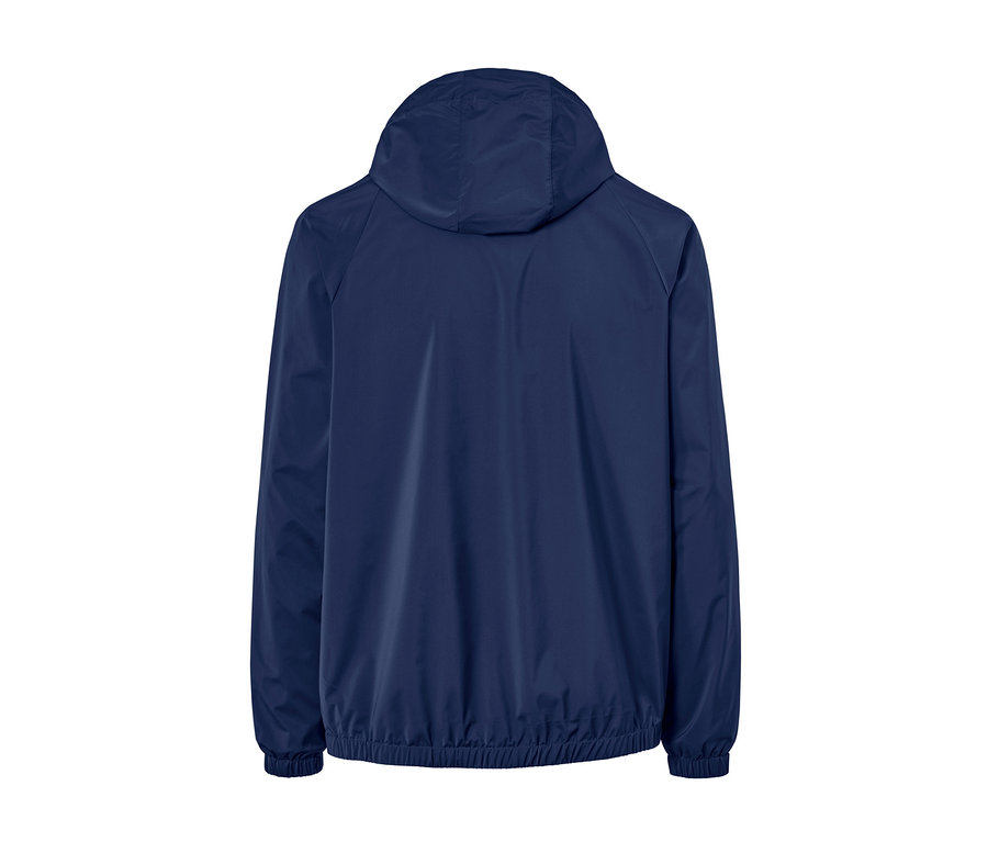 Dunkelblaue Windbreaker-Jacke von hinten.