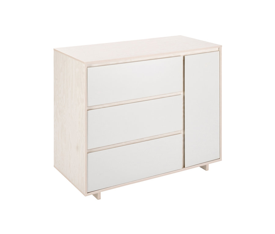 Weiße Schardt Wickelkommode »Capri White« mit drei Schubladen und Schranktür.