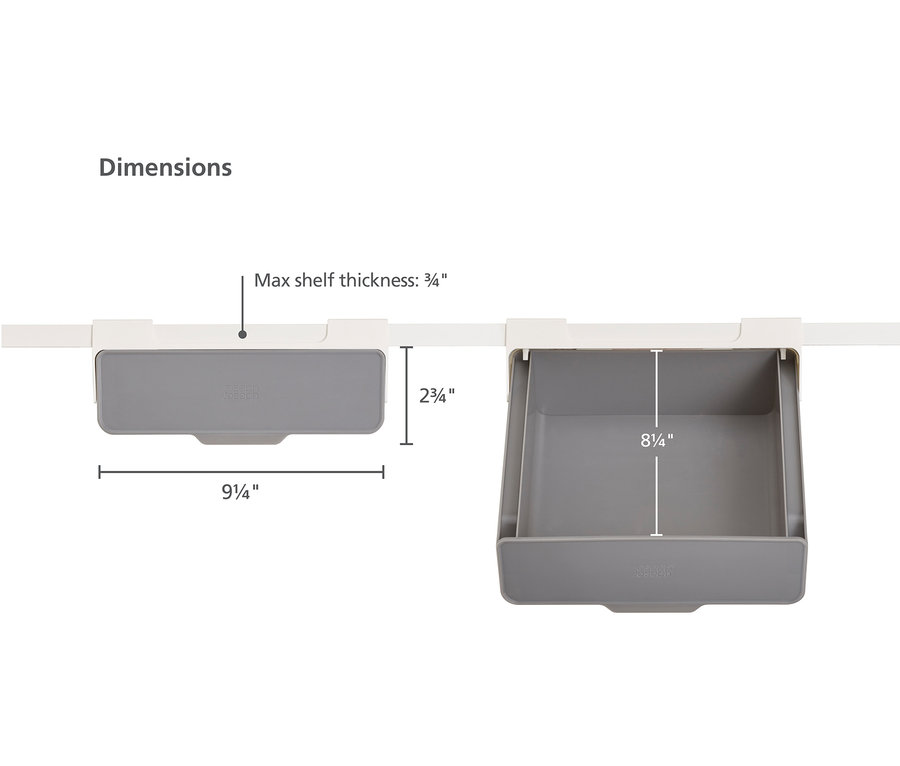 Abmessungen der grauen Joseph Joseph Unterregal-Schublade »CupboardStore™«.