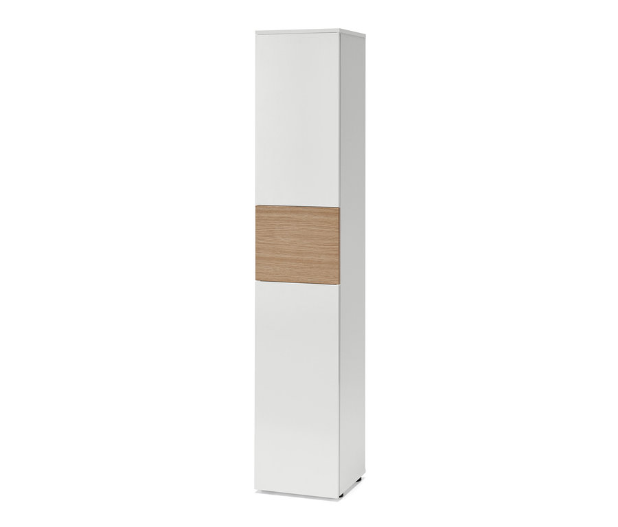 Schmaler Hochschrank, weiß mit hellem Holzakzent in der Mitte.