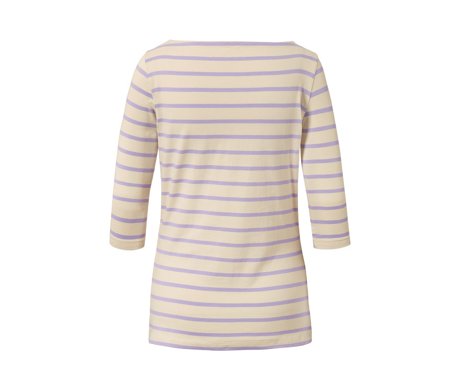 Ein beige-fliederfarben gestreiftes Shirt mit 3/4-Arm.