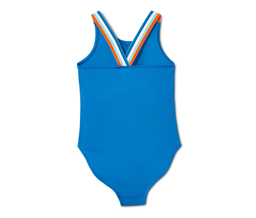Blauer Badeanzug mit recyceltem Material und bunten Trägern.