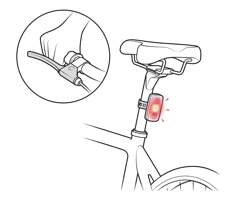 Skizze eines Fahrrad-Rücklichts mit Bremslichtfunktion, das unter dem Fahrradsattel montiert ist.