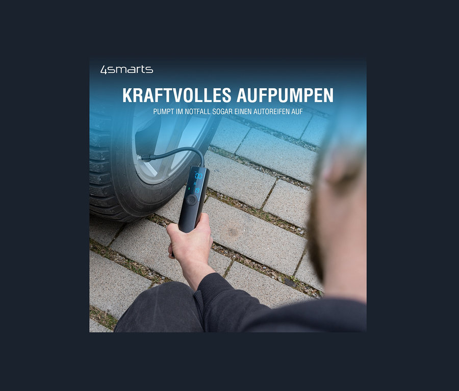 Mann pumpt einen Reifen mit einer elektrischen Pumpe "VoltPump" auf.