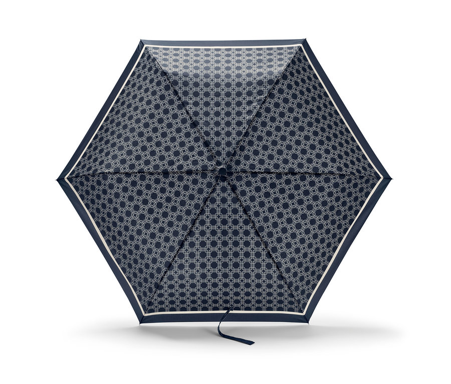 Geöffneter Automatik-Taschenschirm mit dunkelblauem und weißem geometrischem Muster.