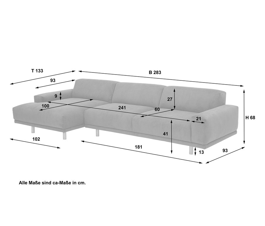 Abmessungen des hellblauen Ecksofas »Penelope« mit Longchair links.