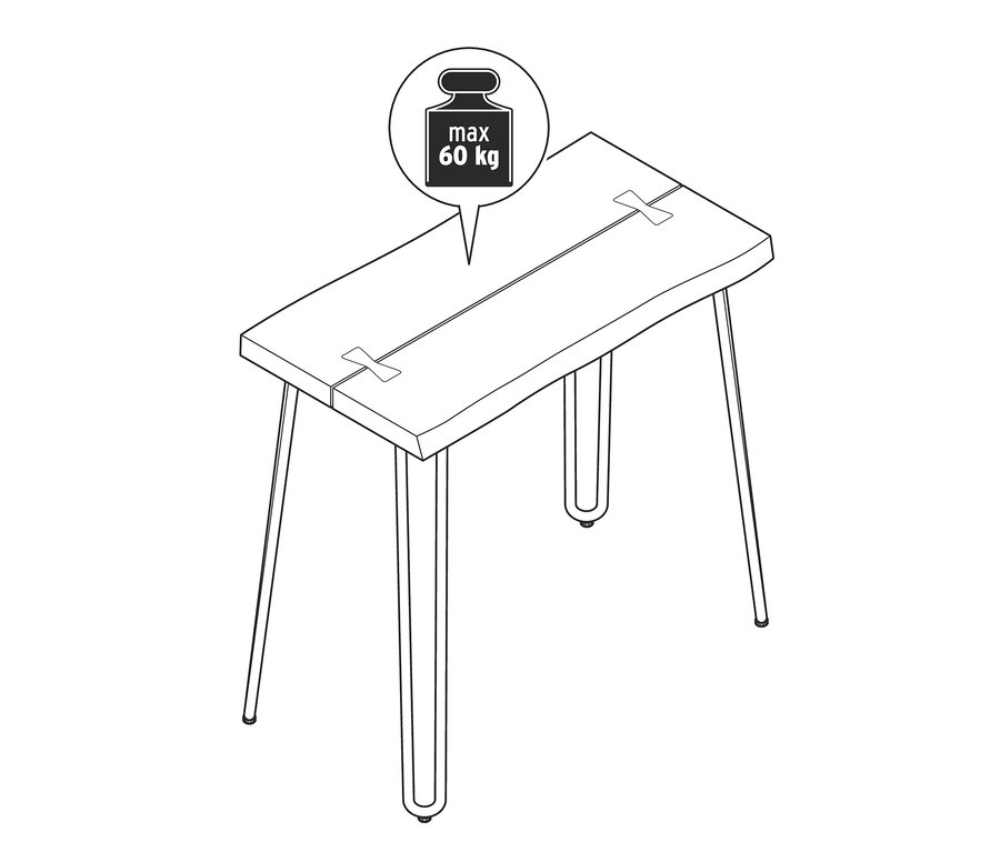 Zeichnung eines Konsolentisches mit Naturholzbohlen und einer maximalen Tragfähigkeit von 60 kg.