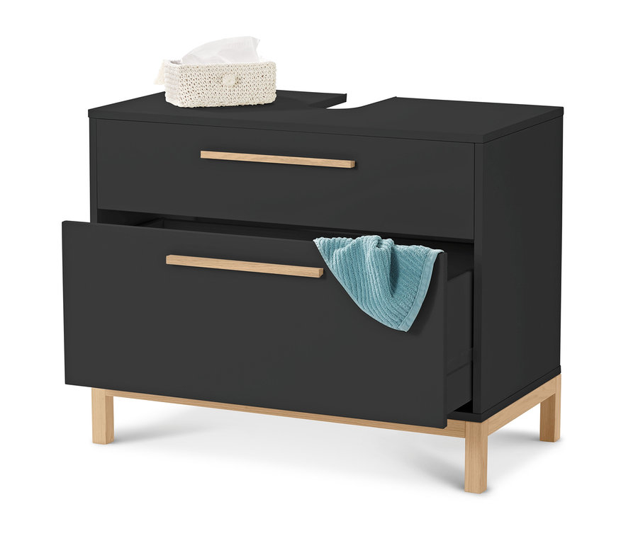 Anthrazitfarbener Waschbeckenunterschrank »Eklund« mit 2 Schubladen, wobei in einer Schublade ein blaues Handtuch liegt. Auf dem Schrank steht eine Taschentuchbox.