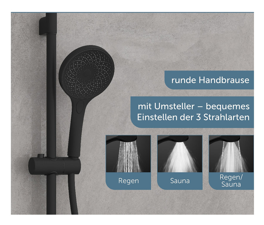 Schwarzes Brausestangen-Set »CAPRI« mit Handbrause an grauer Wand.