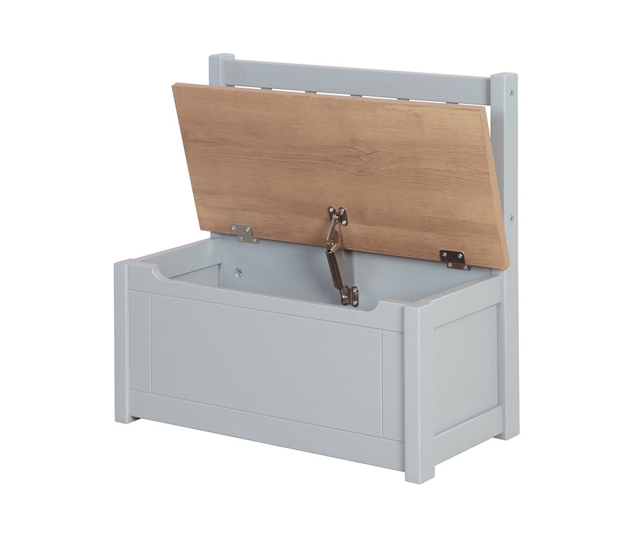 Graue roba Kindertruhenbank »Woody« mit teilweise geöffnetem Holzdeckel.