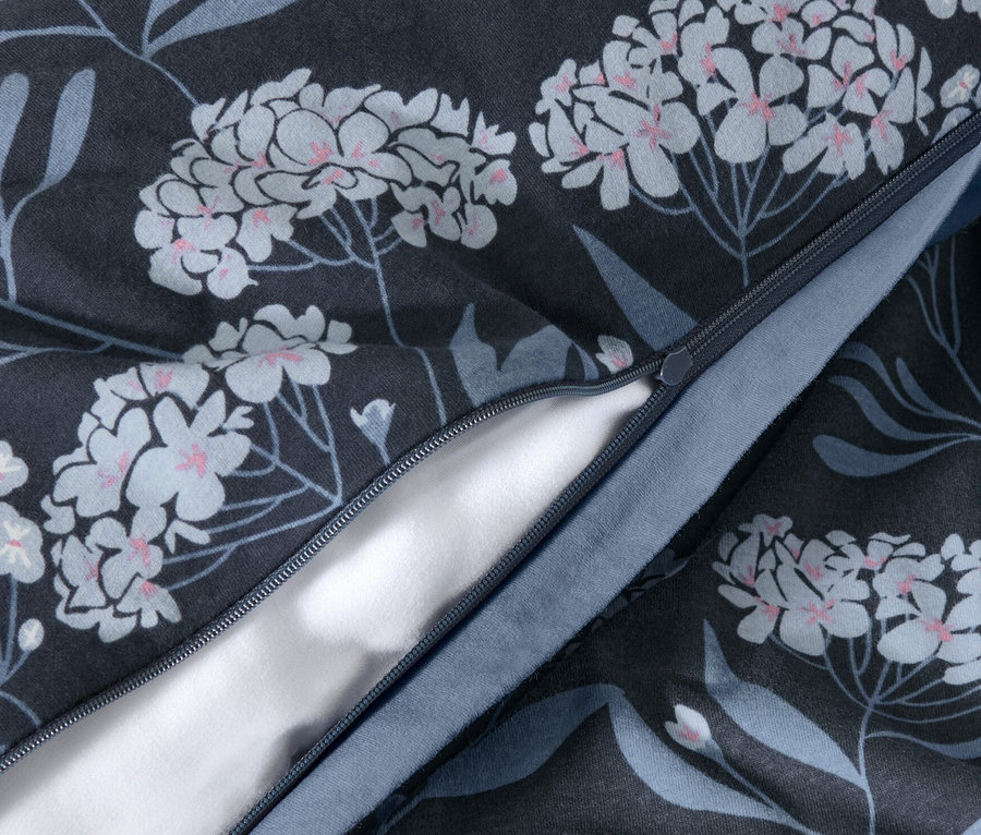 Detailansicht von geöffneter Winterjersey-Bettwäsche mit Blumenmuster.