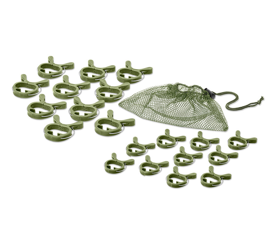 Zwanzig grüne Pflanzenclips und ein grüner Netzbeutel sind abgebildet.