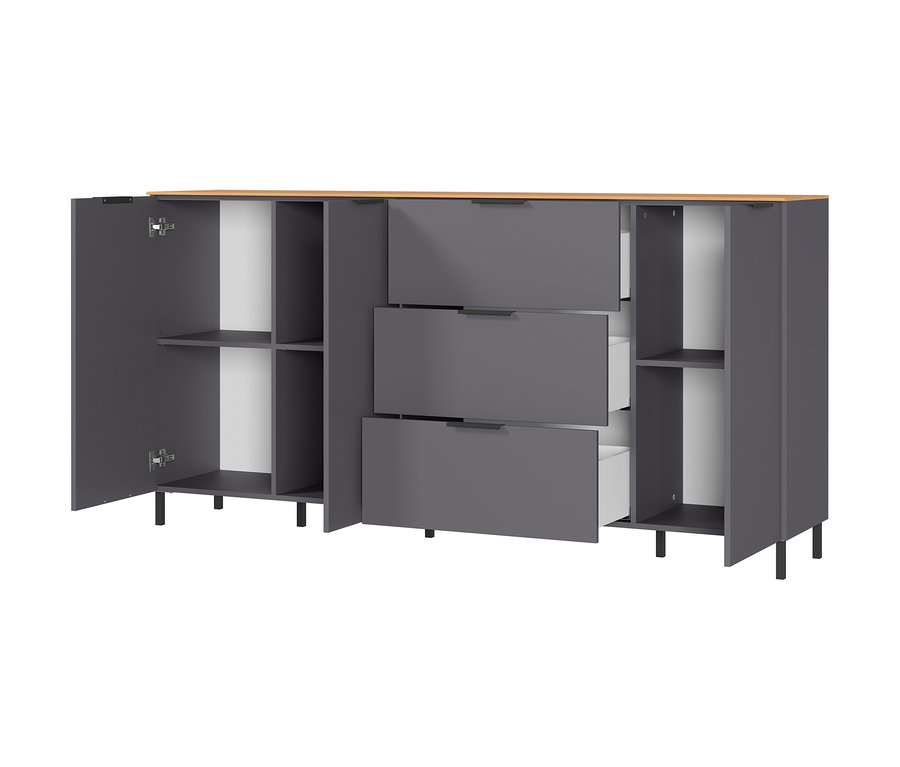 Offenes, großes graphitfarbenes Sideboard »CALIFORNIA« mit Regalen und Schubladen.