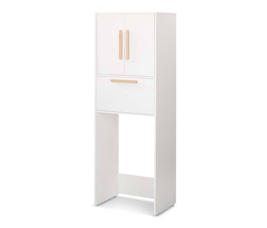 Weißer Waschmaschinenschrank mit aufklappbarer Arbeitsfläche und Holzgriffen.