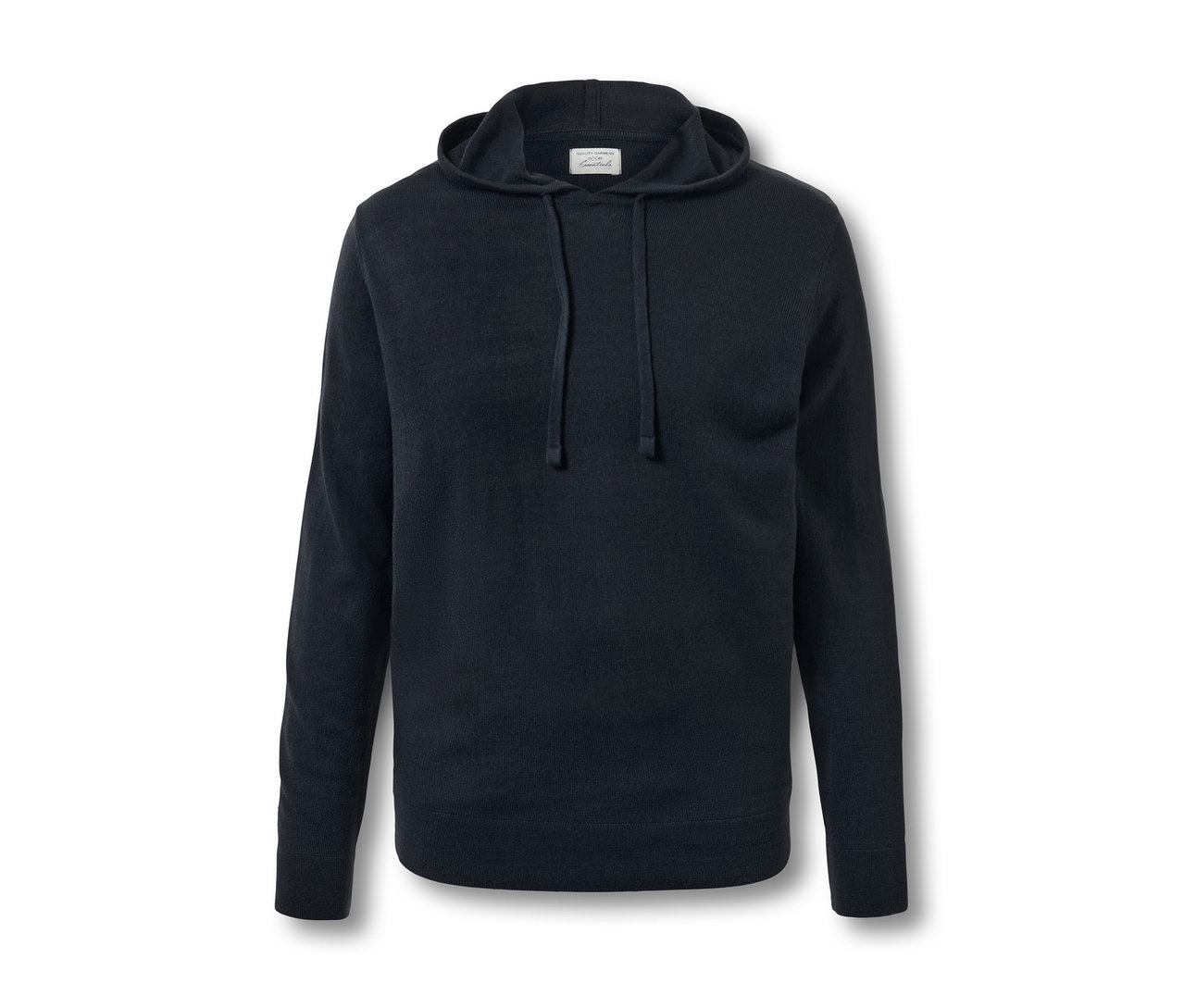 Dunkelblauer Strick-Hoodie.