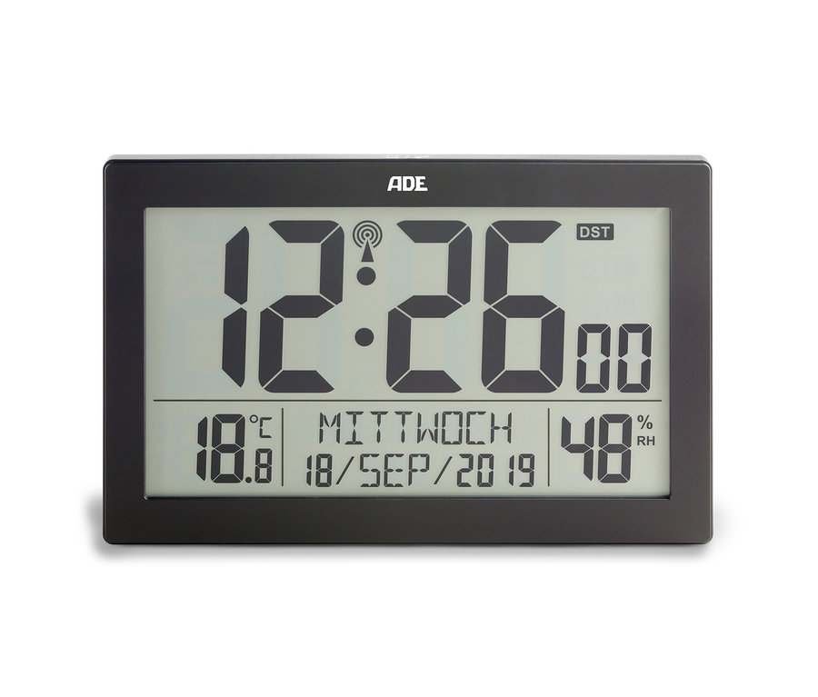 Schwarze ADE XL-Funkuhr mit Thermometer und Hygrometer zeigt 12:26 Uhr, 18,8 Grad Celsius und 48% Luftfeuchtigkeit.