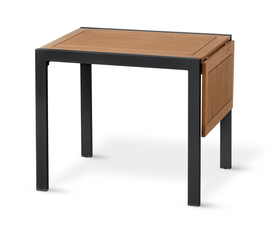 Ausklapptisch, ca. 0,9–1,25 m mit brauner Platte und schwarzem Rahmen.