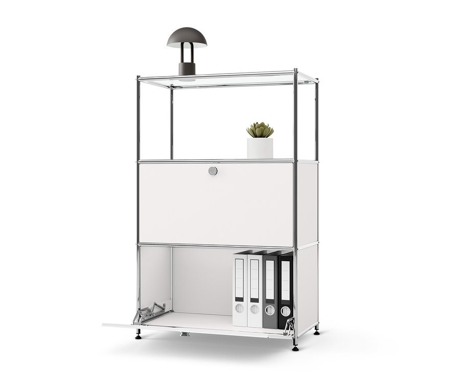 Weisse Kommode Metall »CN3« mit 2 Klappenfächern, oben Lampe und Pflanze.