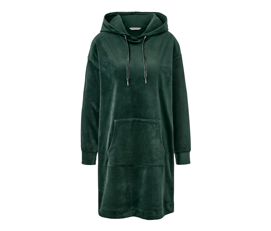 Ein grünes Nicki-Loungewear-Kleid mit Kapuze und Kängurutasche.