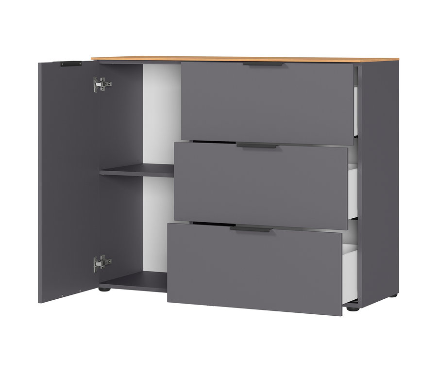 Detailaufnahme eines kleinen, graphitfarbenen Sideboards »CALIFORNIA« mit geöffneter Tür und Schubladen.