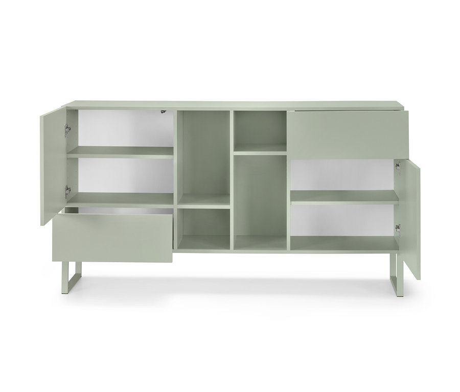 Halboffenes Sideboard mit Kufen, mit geöffneten Türen und Schublade.