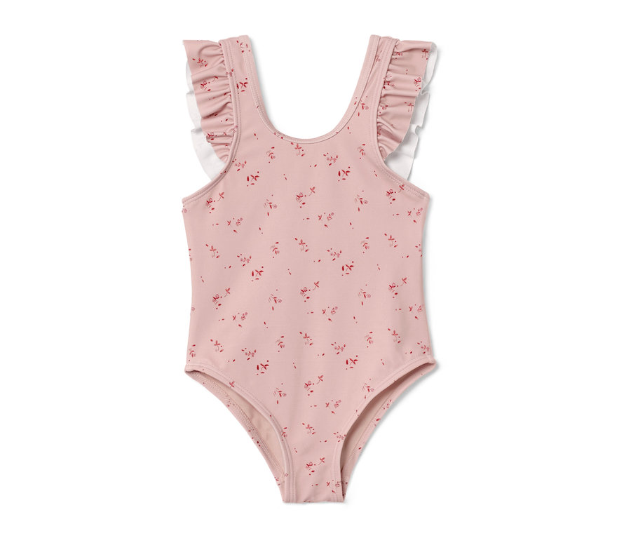 Rosa Kleinkind-Badeanzug mit rotem Blumenmuster und Rüschen.