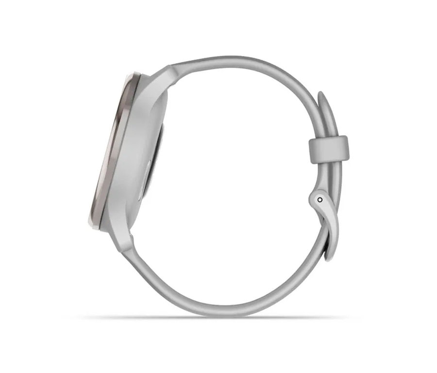 Detailansicht der hellgrauen GARMIN vivomove Trend, seitlich dargestellt.
