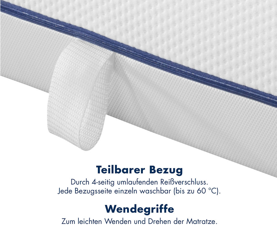 Detail einer weißen irisette® Kaltschaummatratze »Ultimate Duo« mit blauem Reißverschluss und Griff.