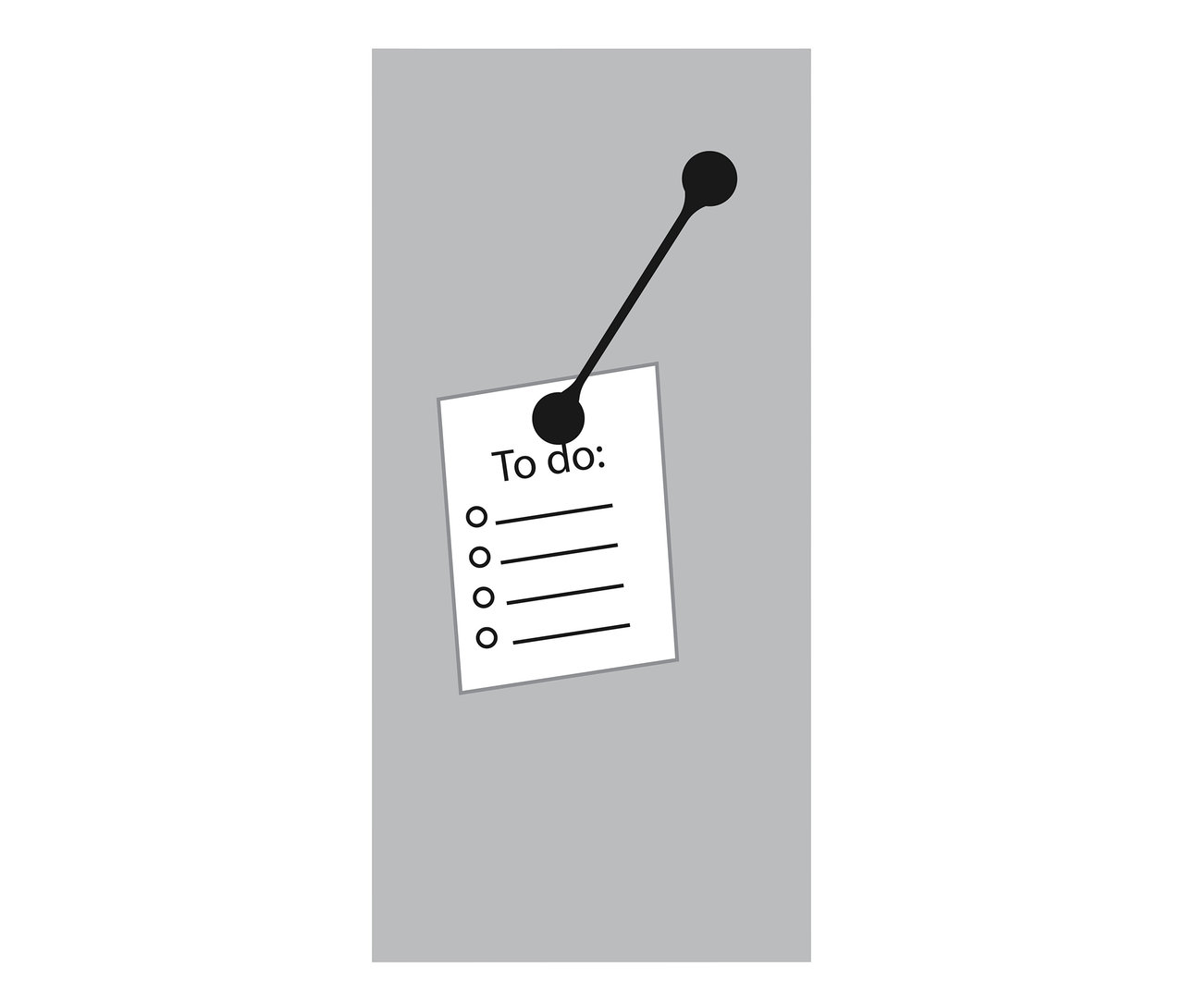 Ein weißes Blatt Papier mit der Aufschrift „To do:“ und vier Zeilen ist mit 2 Magnet-Clips an einer grauen Fläche befestigt.