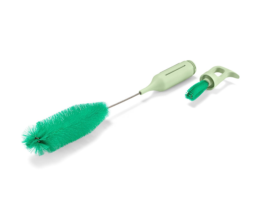 Grüne 3-in-1-Gläser-und-Flaschenspülbürste mit Borsten und abnehmbarer Bürste.