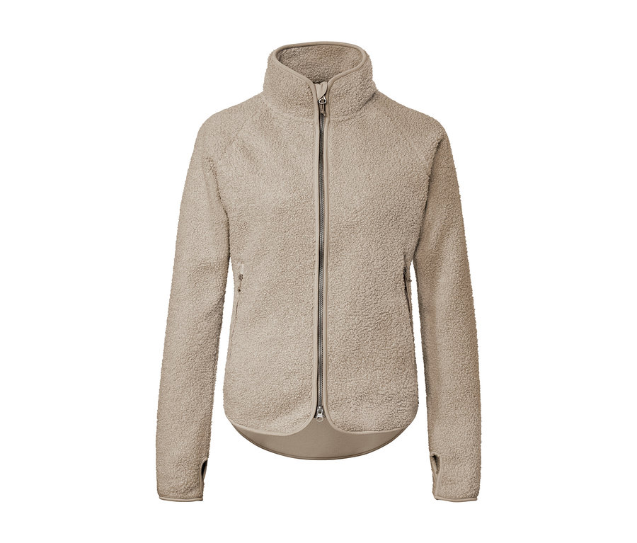 Beige Teddyfleece-Jacke mit Reißverschluss.