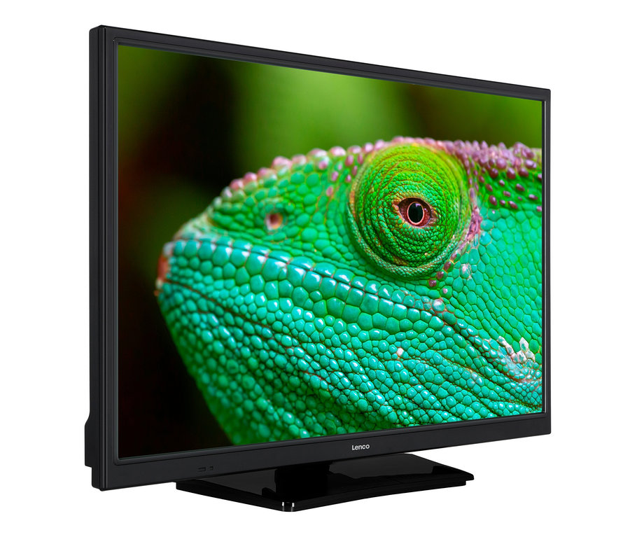 Nahaufnahme eines Lenco 24-Zoll-HD-LED-Fernsehers mit DVD-Player, der einen grünen Chamäleon aus der Nähe zeigt.