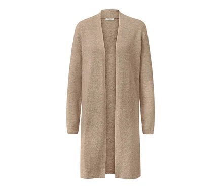 Ein offener, langer, beiger Cardigan.