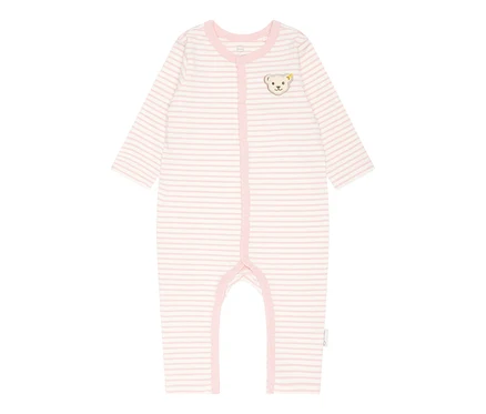 Detailansicht eines rosa-weiß gestreiften Steiff Baby-Stramplers mit Knopfleiste.