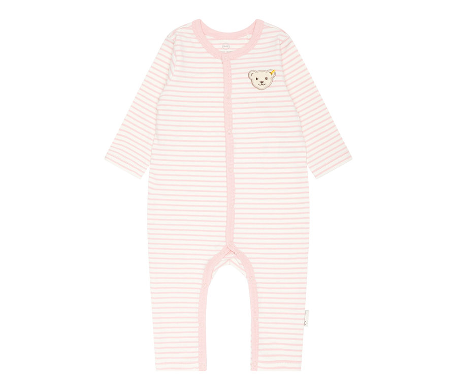 Detailansicht eines rosa-weiß gestreiften Steiff Baby-Stramplers mit Knopfleiste.