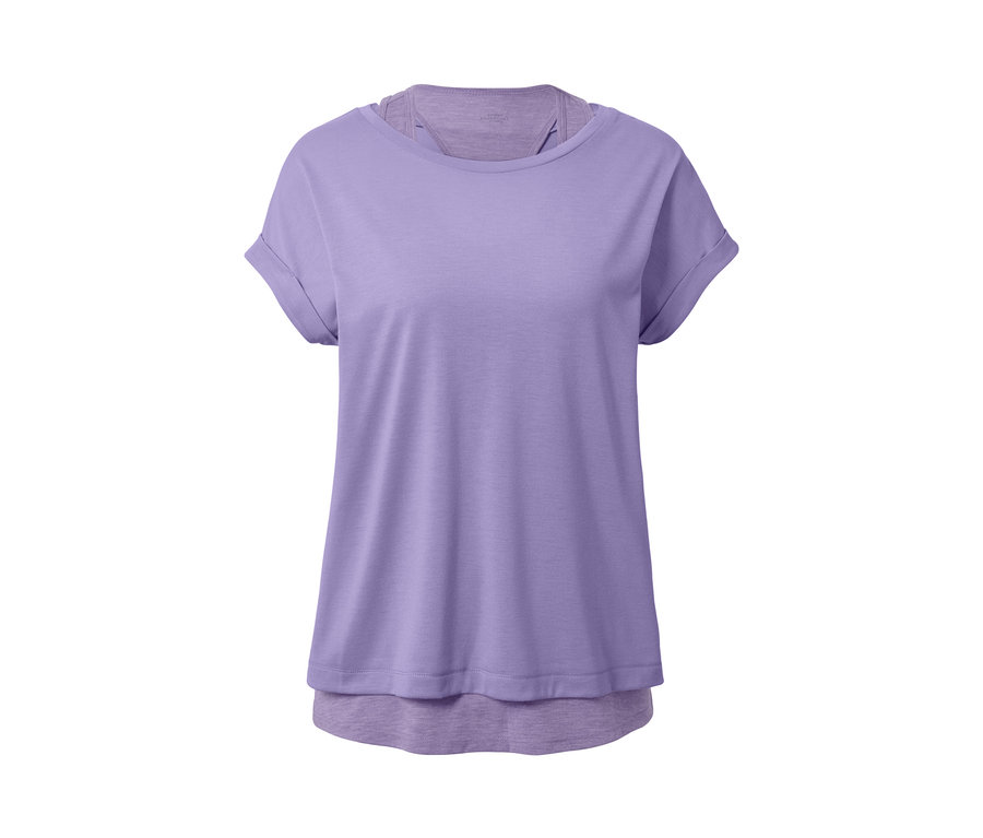 Lila 2-in-1-Kurzarm-Sportshirt.