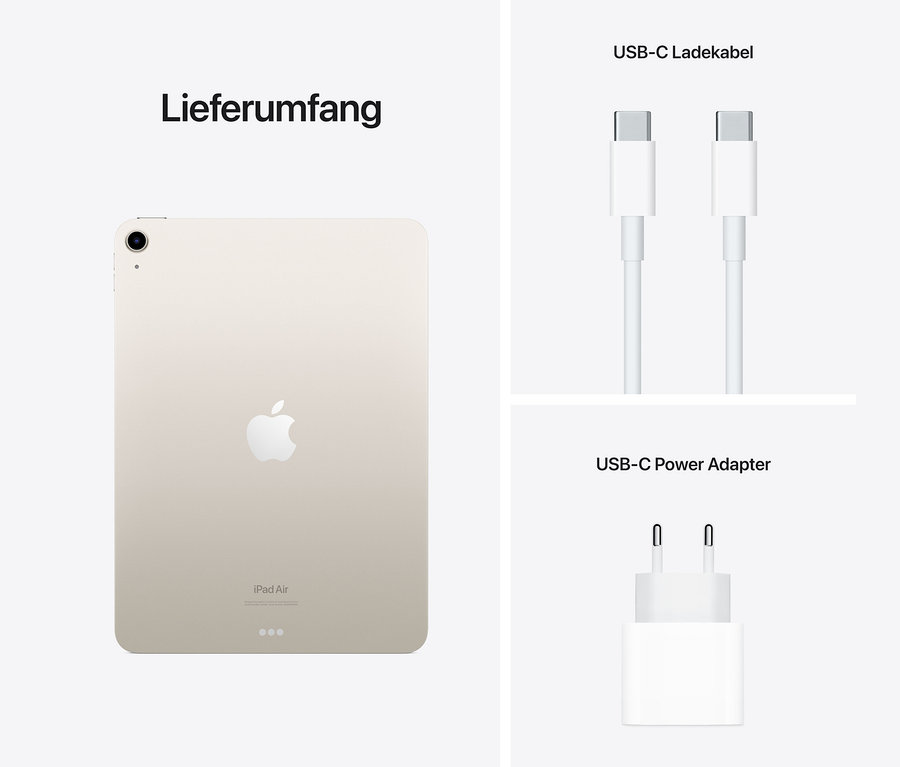 Lieferumfang: Apple iPad Air 2022 Wi-Fi 256 GB in Polarstern, USB-C Ladekabel und Netzteil.