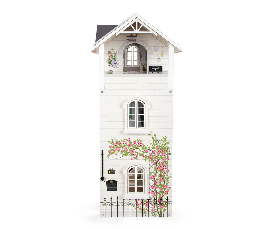 Weißes dreistöckiges Small Foot Puppenhaus Stadtvilla mit Fenstern, Briefkasten und rosa Blumen.