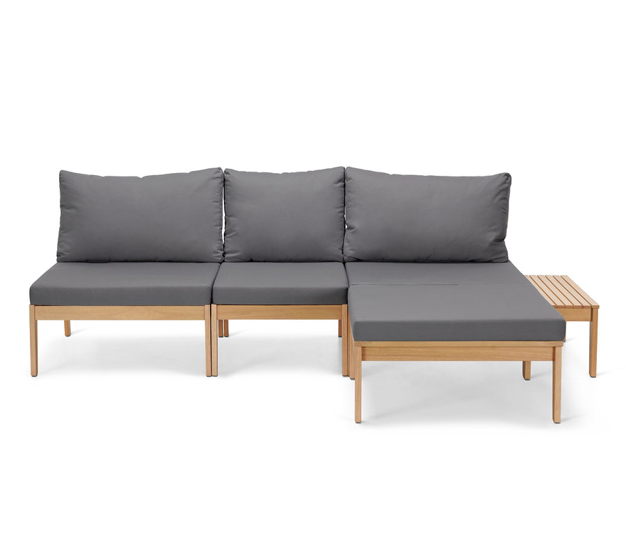 Modulares Lounge-Set »Lenja« mit grauen Kissen und hellem Holzrahmen.
