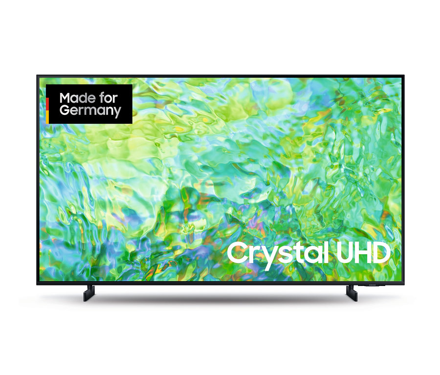 Ein schwarzer Samsung 4K Crystal UHD TV »GU« zeigt ein abstraktes grünes und blaues Bild.