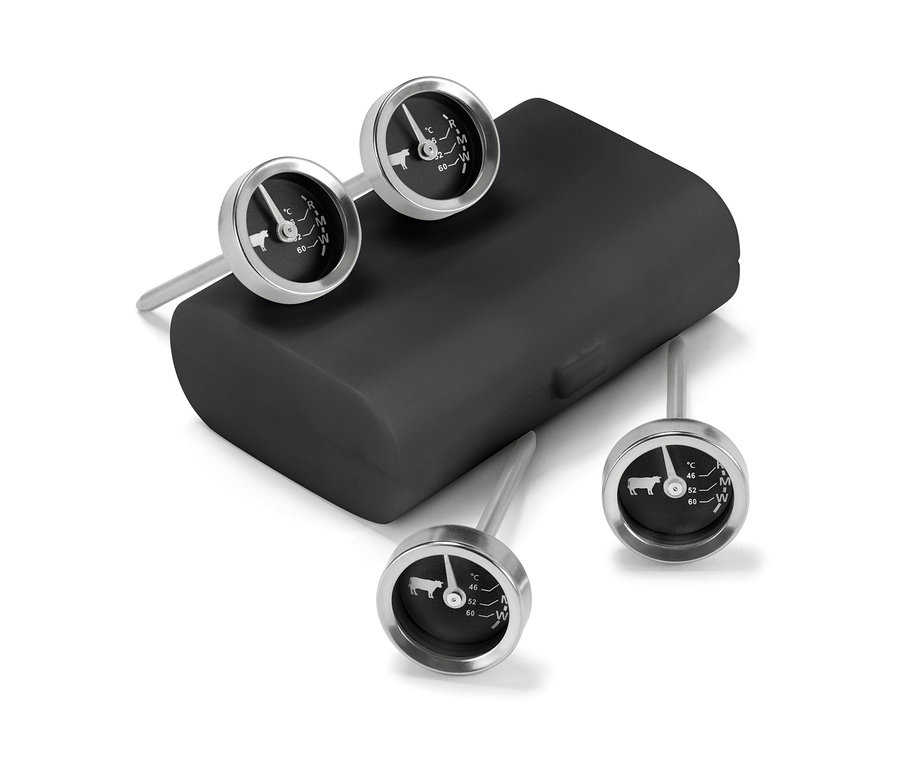 Vier BBQ-Thermometer mit schwarzem Gehäuse.