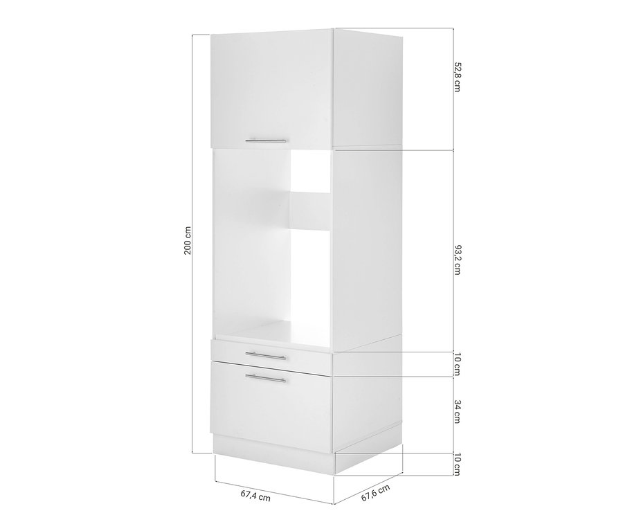 Abbildung des weißen Respekta Waschmaschinenschranks mit Maßangaben.