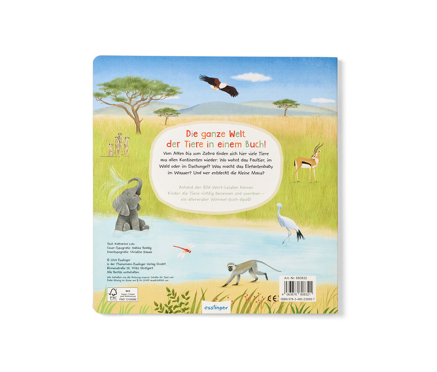 Das Bild zeigt das Buch »Mein erstes Wimmelbuch – Wilde Tiere« mit Illustrationen von Wildtieren.